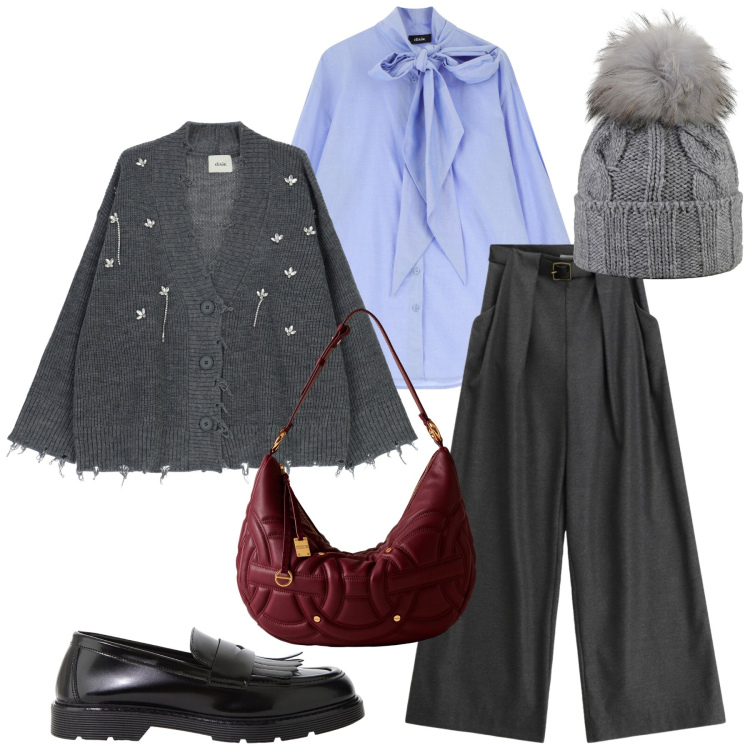 Outfit donna - Total look #2291757. Stile Mannish per Ufficio. Abbinamento con borse a spalla, pantaloni a palazzo, cardigans, mocassini, camicie, berretti.