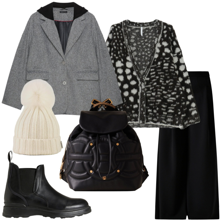 Outfit donna - Total look #2291759. Stile Urban per Tutti i giorni. Abbinamento con pantaloni a palazzo, cardigans, zaini, berretti, stivaletti, cappotti.