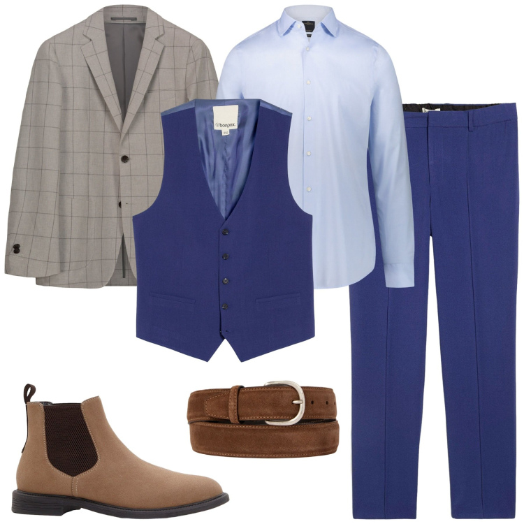 Outfit uomo - Serata di lavoro. Stile Casual per Serata speciale. Abbinamento con gilet, pantaloni, stivali e stivaletti, camicie, cinture, giacche.
