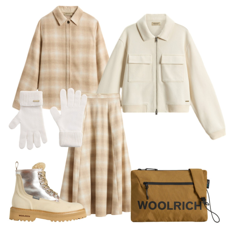 Outfit donna - B.F.: woolrich. Stile Trendy per Tutti i giorni. Abbinamento con borse a tracolla, anfibi, gonne lunghe, guanti, camicie, felpe.