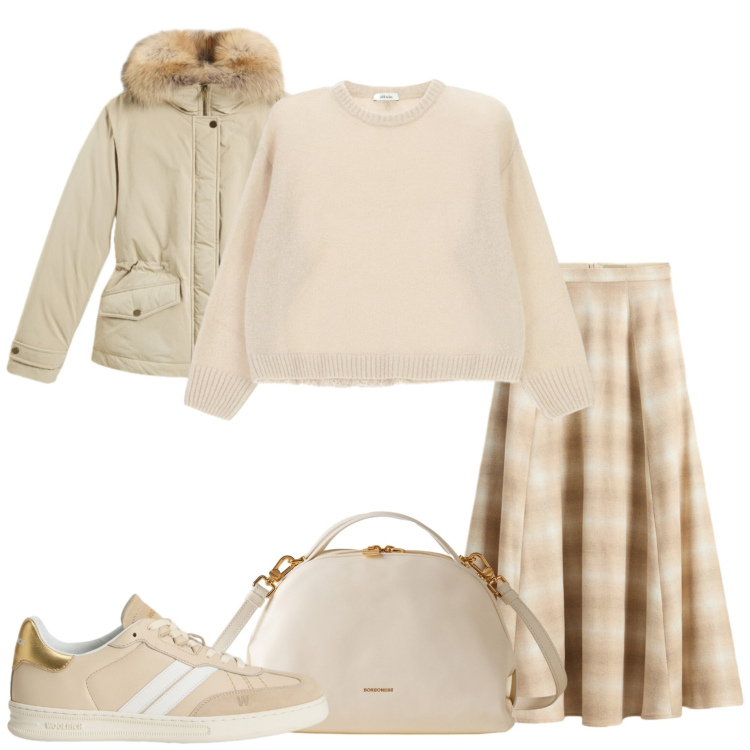 Outfit donna - Il freddo in chiaro. Stile Casual chic per Tutti i giorni. Abbinamento con borse a mano, maglieria, sneakers, gonne lunghe, blazer.