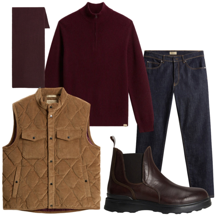 Outfit uomo - Total look #2291763. Stile Casual per Tutti i giorni. Abbinamento con pantaloni, gilet, stivali e stivaletti, maglieria, sciarpe.