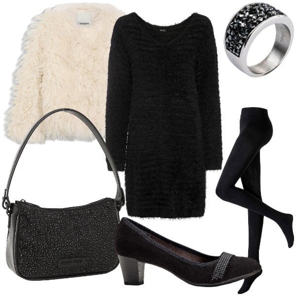 Outfit donna - DAY TO NIGHT bonprix 2025. Stile Glamour per Serata fuori. Abbinamento con vestiti lunghi, collant, ecopellicce, décolleté, borse a mano, anelli.