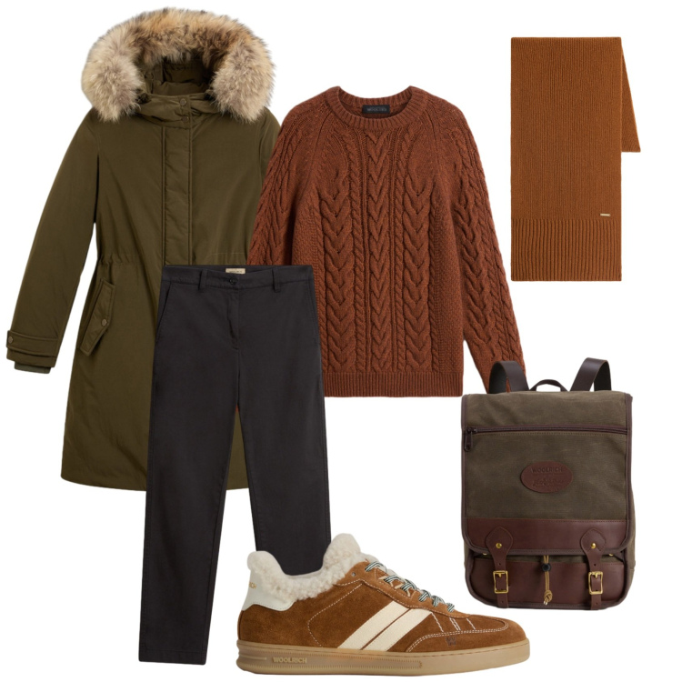 Outfit donna - Woolrich b.f.. Stile Casual per Tutti i giorni. Abbinamento con sneakers, maglieria, sciarpe, pantaloni, parka, zaini.
