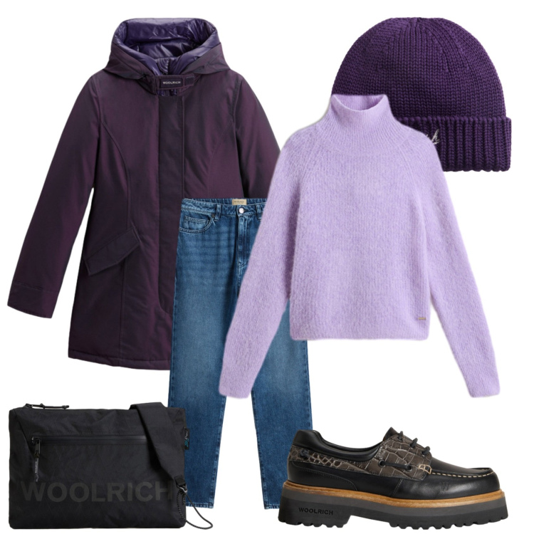 Outfit donna - Love violet - woolrich. Stile Casual per Tutti i giorni. Abbinamento con parka, mocassini, borse a tracolla, maglieria, jeans, berretti.
