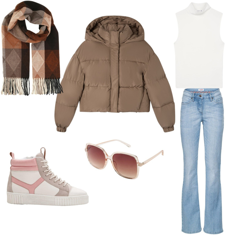 Outfit donna - Tutti i giorni. Stile Casual per Tutti i giorni. Abbinamento con jeans bootcut, occhiali da sole, sneakers alte, sciarpe, bomber, canottiere.