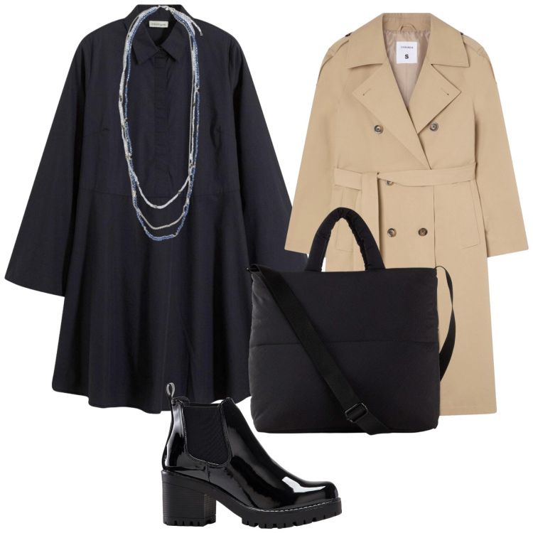 Outfit donna - In ufficio di sabato. per Ufficio. Abbinamento con vestiti chemisier, stivaletti, shopping bag, trench, collane.