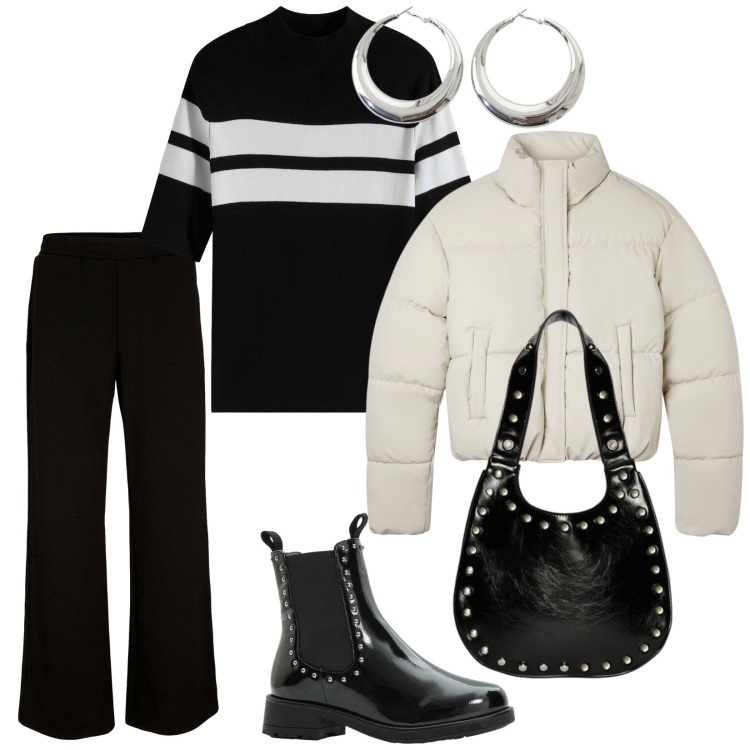 Outfit donna - Aperitivo in tre. per Serata fuori. Abbinamento con pantaloni a palazzo, stivaletti chelsea, maglieria, bomber, orecchini, borse a spalla.