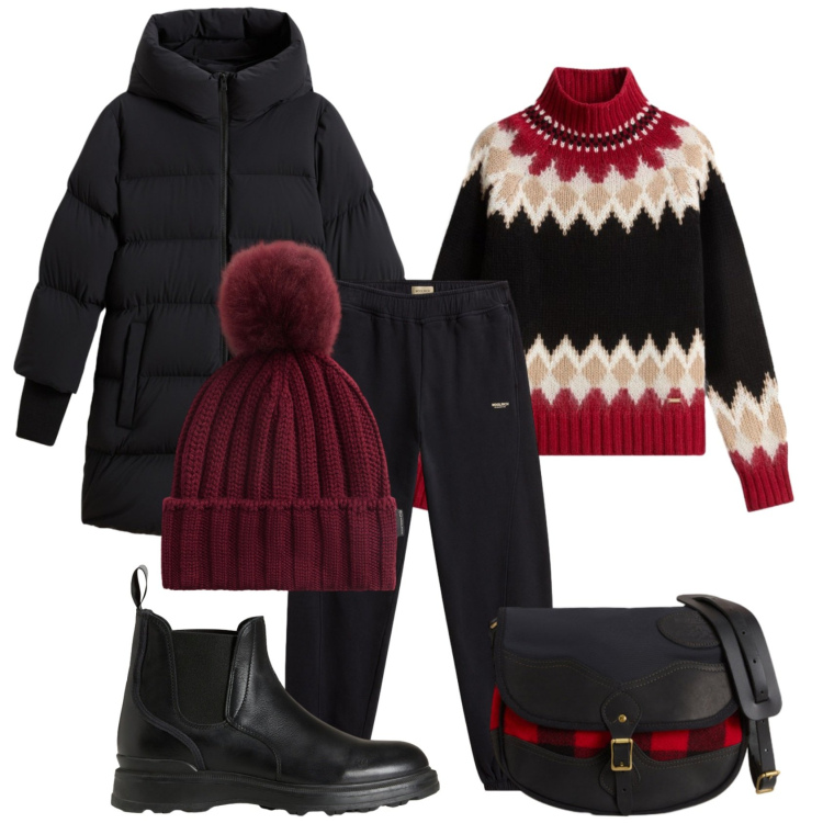 Outfit donna - Black Frida woolrich- black & Red. Stile Sporty chic per Scuola/Università. Abbinamento con piumini, maglieria, pantaloni, stivaletti, borse a tracolla, berretti.
