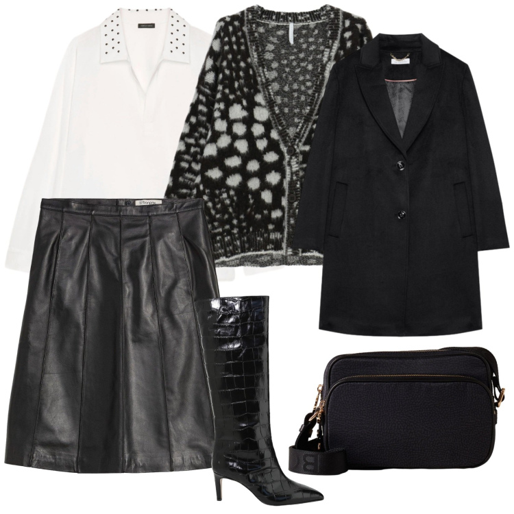 Outfit donna - Lavoro e dopo cena. per Serata fuori. Abbinamento con gonne, cardigans, borse a tracolla, stivali, camicie, cappotti.