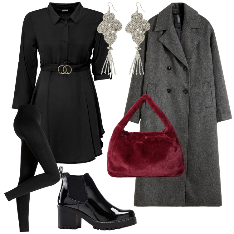 Outfit donna - Sabato sera. per Serata fuori. Abbinamento con camicie, leggings, stivaletti, cappotti, orecchini, borse a spalla.