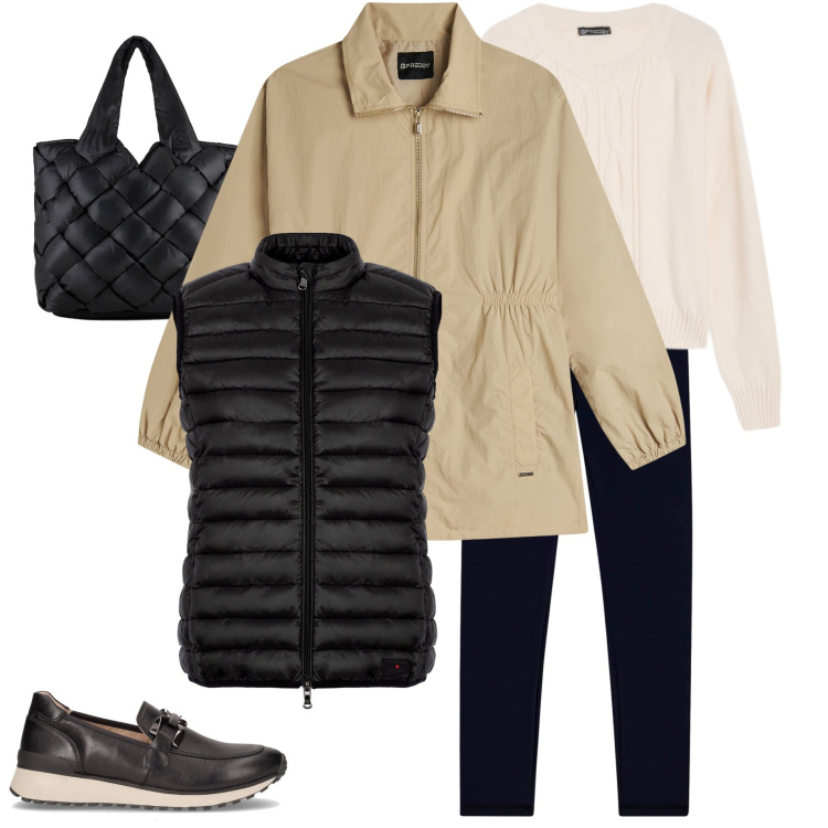 Outfit donna - Uscita veloce. Stile Casual chic per Tutti i giorni. Abbinamento con leggings, parka, maglieria, piumini, borse tote, mocassini.