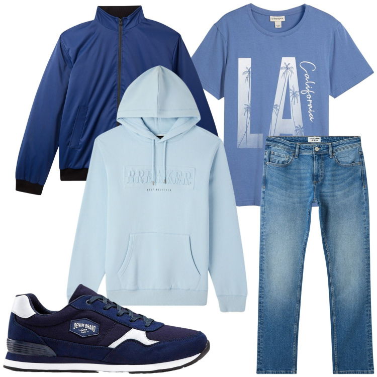Outfit uomo - Celeste libertà. Stile Urban per Tutti i giorni. Abbinamento con sneakers, t-shirt, jeans, giacche, felpe con cappuccio.