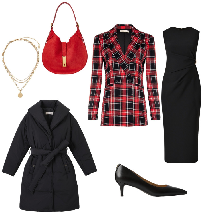 Outfit donna - Nuovo spazio espositivo. Stile Chic per Ufficio. Abbinamento con piumini, vestiti a tubino, blazer, borse a spalla, décolleté, ciondoli.
