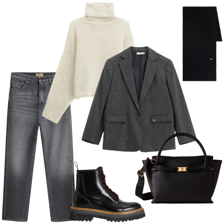 Outfit donna - Casual per tutti i giorni. Stile Casual per Tutti i giorni. Abbinamento con blazer, maglieria, borse a mano, jeans, anfibi, sciarpe.