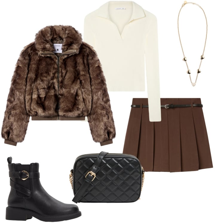 Outfit donna - La sera con le amiche. Stile Casual chic per Serata fuori. Abbinamento con stivaletti chelsea, minigonne, maglieria, borse a tracolla, ecopellicce, collane.