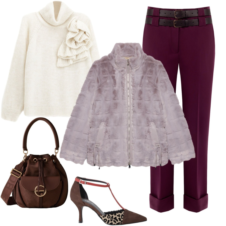 Outfit donna - Al lavoro. Stile Casual chic per Ufficio. Abbinamento con maglieria, pantaloni, borse a secchiello, décolleté, ecopellicce.