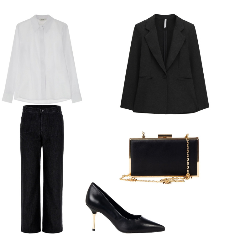 Outfit donna - Outfit per appuntamento. Stile Chic per Serata fuori. Abbinamento con décolleté, pochette, blazer, jeans, camicie.