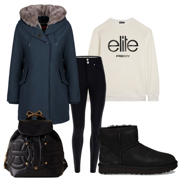 Outfit donna - Sporty chic. Stile Sporty chic per Tutti i giorni. Abbinamento con zaini, felpe, pantaloni skinny, parka, stivaletti chelsea.