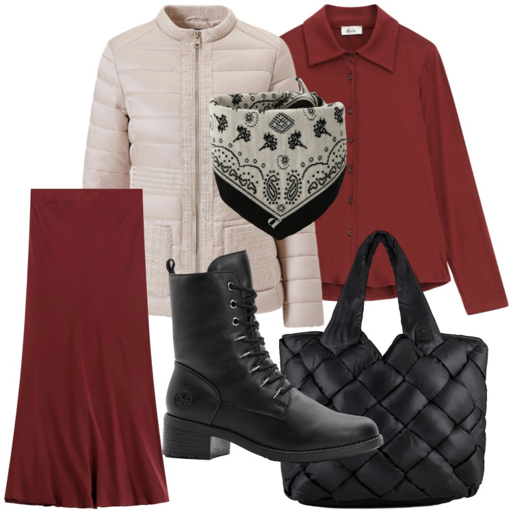 Outfit donna - Camicia e foulard. Stile Minimal per Tutti i giorni. Abbinamento con stivaletti, piumini, gonne lunghe, foulard, camicie, borse tote.