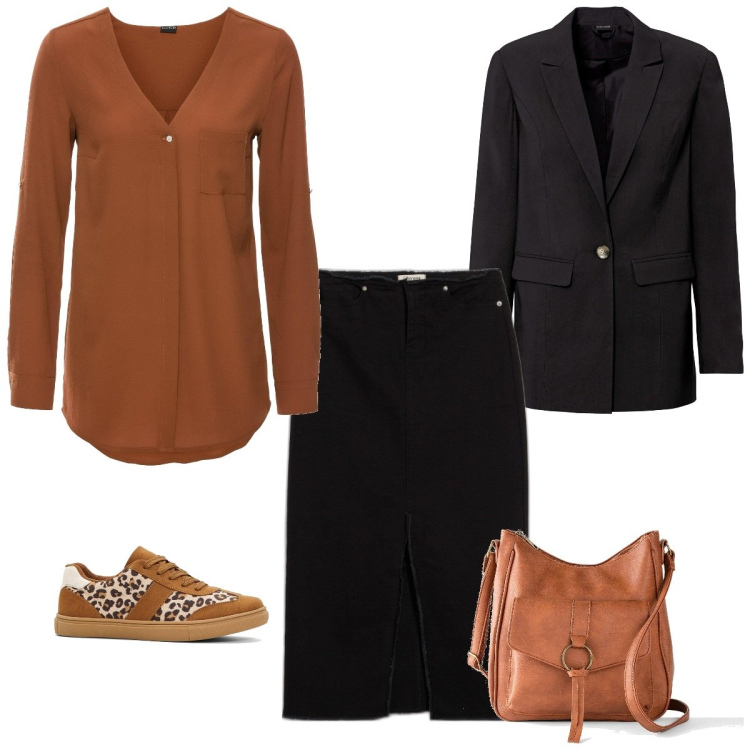 Outfit femme - Basique #6324. Style Basique pour Tous les jours. Assortir avec jupes au genou, chemisiers, sneakers, sacs en bandoulière, blazers.