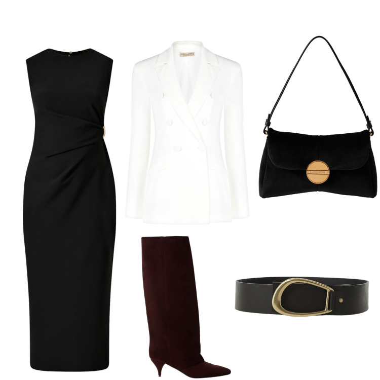 Outfit donna - Outifit elegante. Stile Chic per Serata fuori. Abbinamento con vestiti a tubino, blazer, borse a tracolla, stivali, cinture.