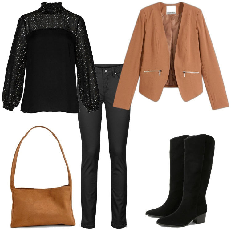Outfit femme - Camel et noir. Style Tendance pour Tous les jours. Assortir avec tuniques, blazers, jeans, bottines, sacs à main.