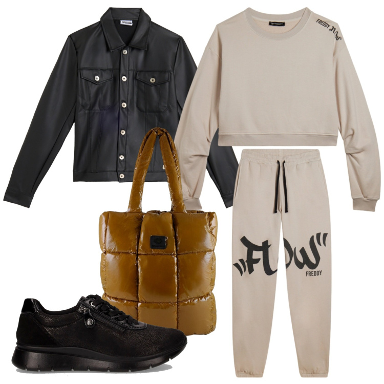 Outfit donna - In autunno. Stile Sporty chic per Tutti i giorni. Abbinamento con giacche, felpe, pantaloni, shopping bag, sneakers.