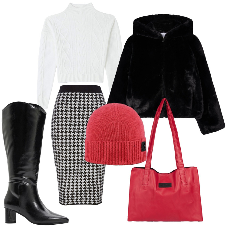 Outfit donna - Tutto per donne piccole e formose. Stile Chic per Ufficio. Abbinamento con gonne, stivali, ecopellicce, maglieria, shopping bag, berretti.