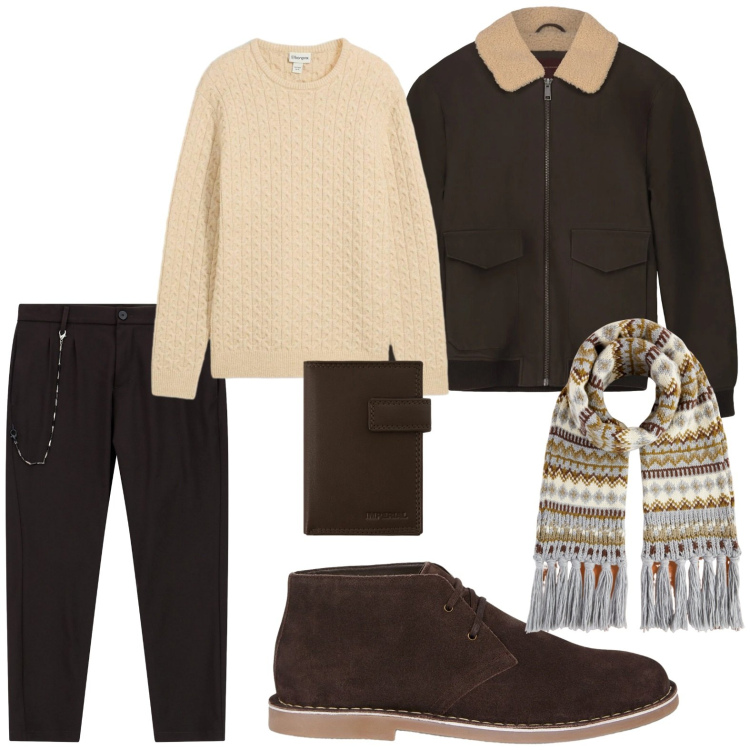 Outfit uomo - Stile da viaggio. Stile Trendy per Tutti i giorni. Abbinamento con maglieria, pantaloni, portafogli, stivali e stivaletti, bomber, sciarpe.