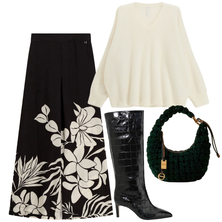 Outfit donna - Buon viaggio Ornella!. Stile Chic per Tutti i giorni. Abbinamento con maglieria, borse a mano, pantaloni a palazzo, stivali.