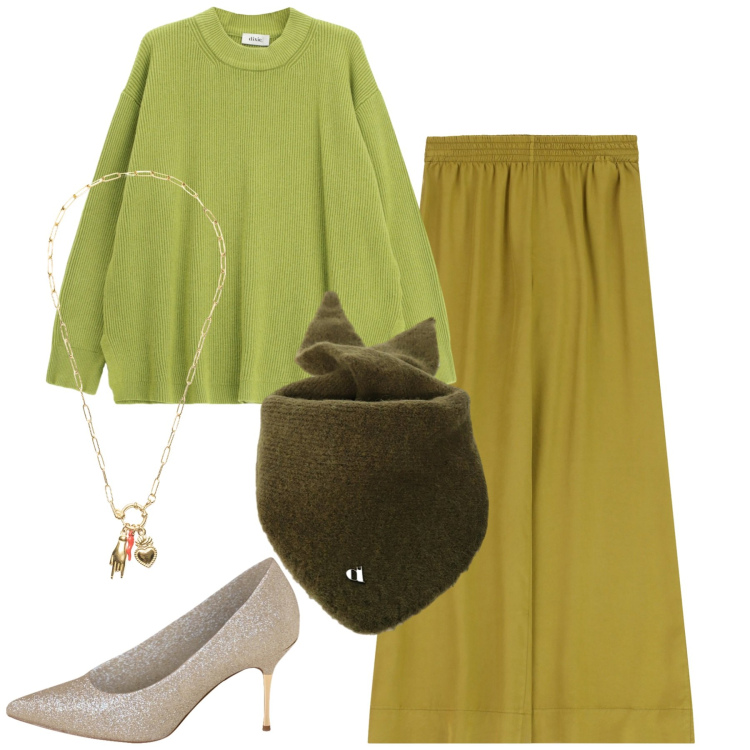 Outfit donna - Buon viaggio Ornella!. Stile Chic per Tutti i giorni. Abbinamento con décolleté, ciondoli, pantaloni a palazzo, foulard, maglieria.