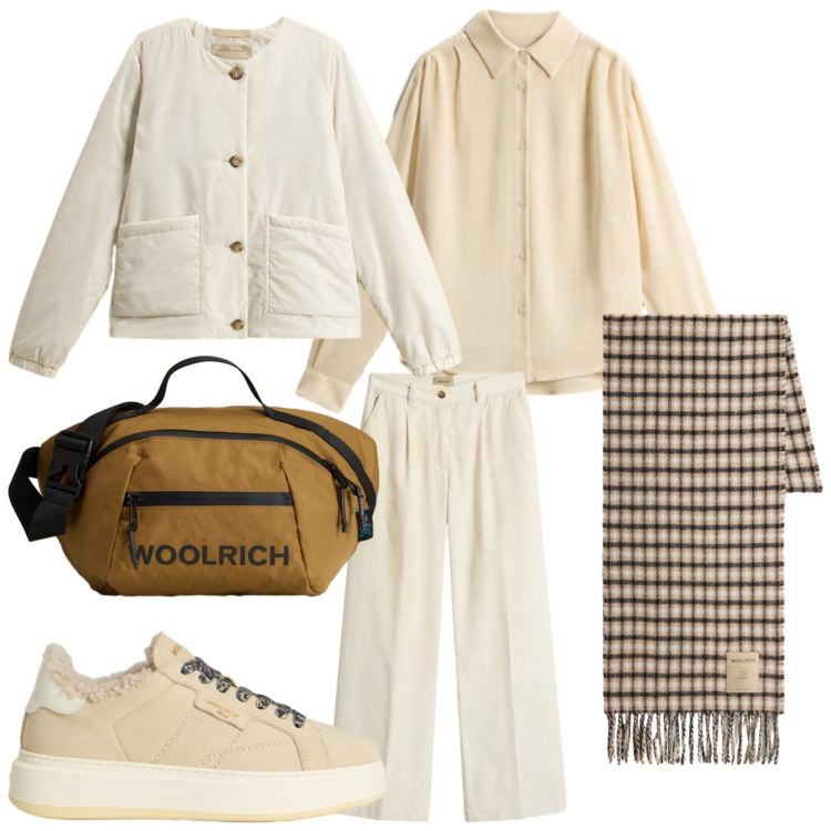 Outfit donna - Chiaro. Stile Casual chic per Scuola/Università. Abbinamento con sneakers, pantaloni, borse a tracolla, sciarpe, camicie, blazer.