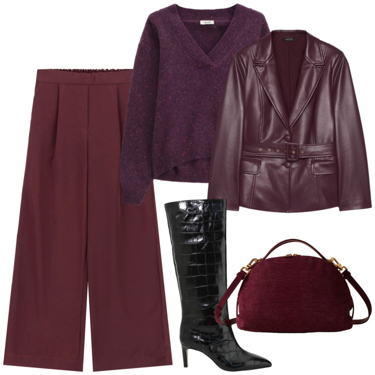 Outfit donna - Sfumature di viola. Stile Casual chic per Serata fuori. Abbinamento con borse a mano, pantaloni a palazzo, stivali, maglieria, blazer.