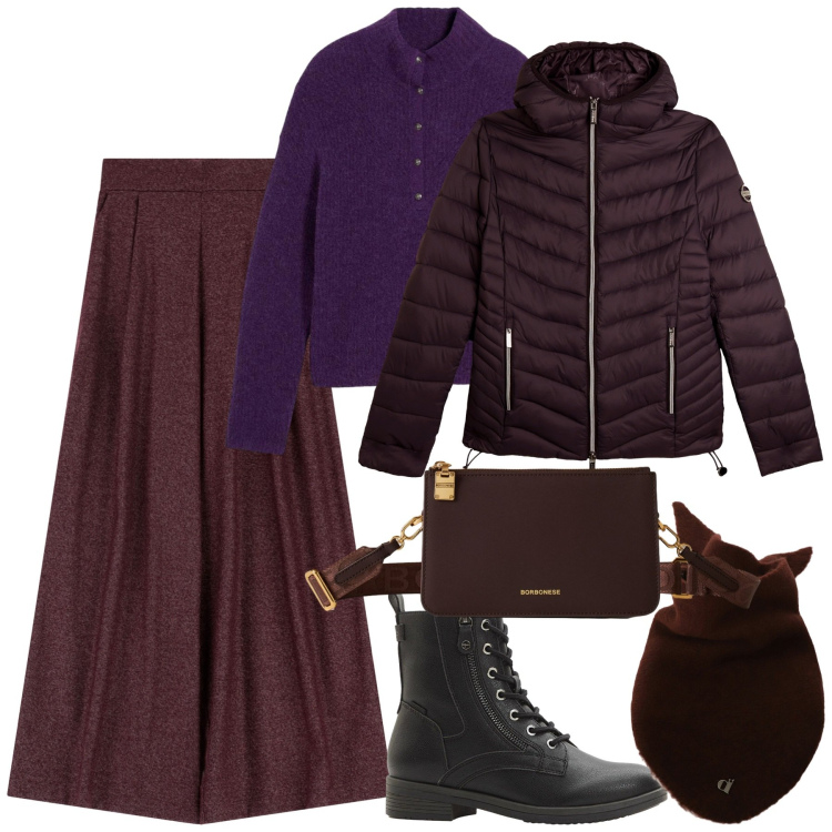 Outfit donna - Novembre purple. Stile Casual chic per Serata fuori. Abbinamento con stivaletti, maglieria, pantaloni a palazzo, borse a tracolla, piumini, foulard.