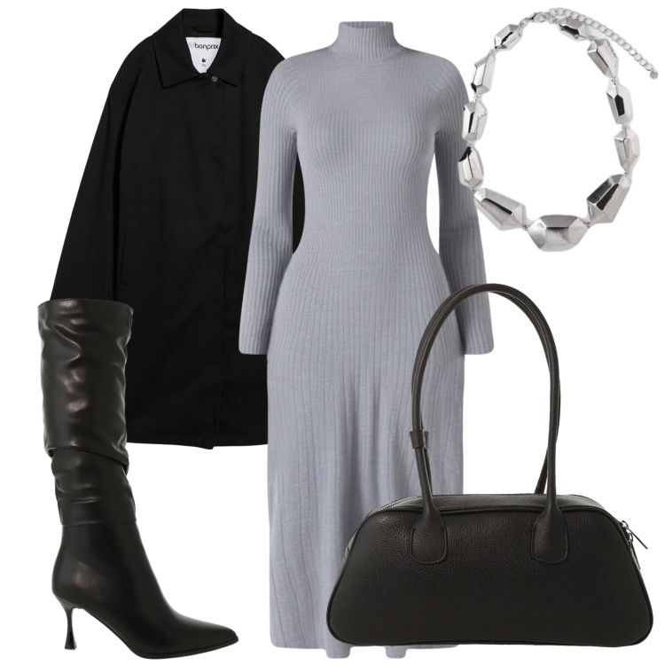 Outfit donna - Grigio inverno. Stile Casual chic per Tutti i giorni. Abbinamento con trench, vestiti midi/longuette, stivali sopra il ginocchio, borse a mano, ciondoli.