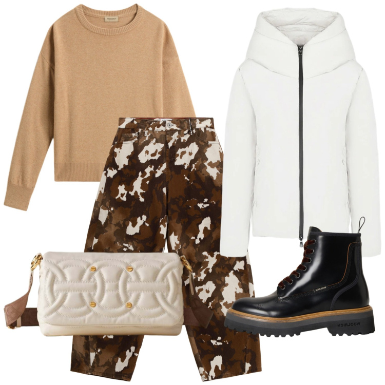 Outfit donna - Cow girl. Stile Casual per Tutti i giorni. Abbinamento con pantaloni a palazzo, borse a tracolla, blazer, maglieria, anfibi.