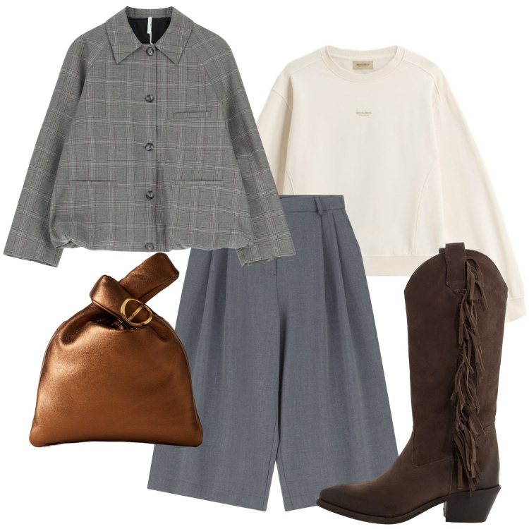 Outfit donna - La gonna pantalone. Stile Bon Ton per Ufficio. Abbinamento con blazer, shorts, borse a mano, stivali, felpe.