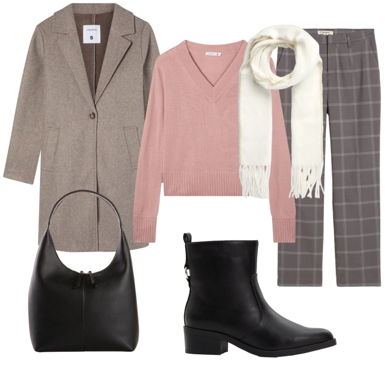 Outfit donna - Grigio e rosa in inverno. Stile Casual per Tutti i giorni. Abbinamento con pantaloni chino, shopping bag, stivaletti, cappotti, sciarpe, maglieria.