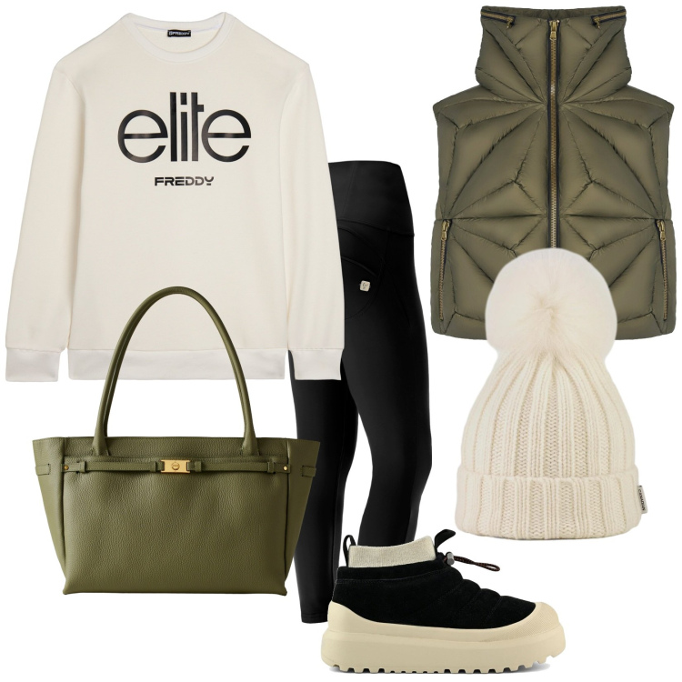 Outfit donna - Sportychic. Stile Sporty chic per Tutti i giorni. Abbinamento con shopping bag, felpe, pantaloni skinny, berretti, piumini, stivaletti.