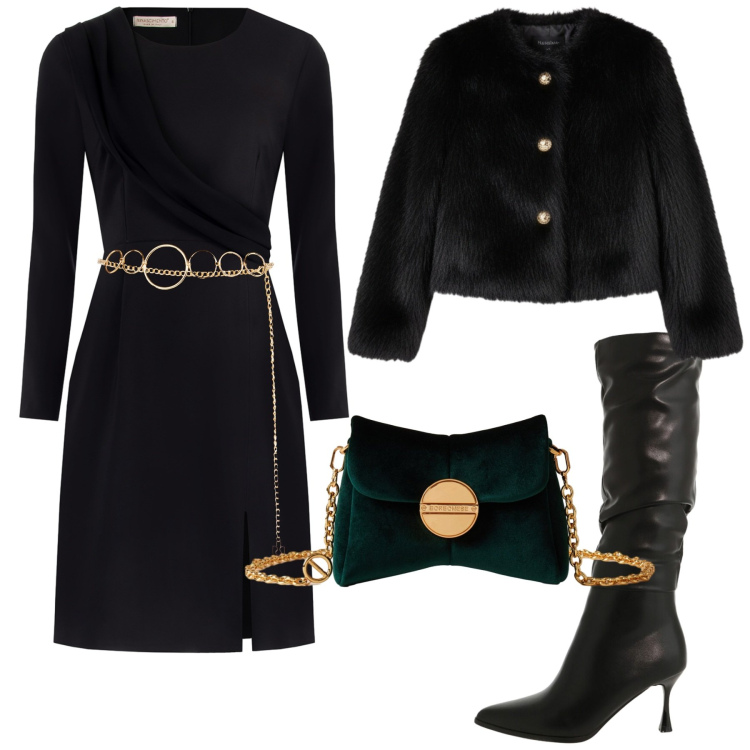 Outfit donna - Piccola e formosa. Stile Chic per Serata fuori. Abbinamento con vestiti a tubino, cinture, ecopellicce, stivali sopra il ginocchio, borse a tracolla.