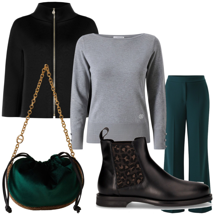 Outfit donna - Total look #2291839. Stile Casual chic per Tutti i giorni. Abbinamento con pantaloni a palazzo, maglieria, cappe, borse a spalla, stivaletti chelsea.