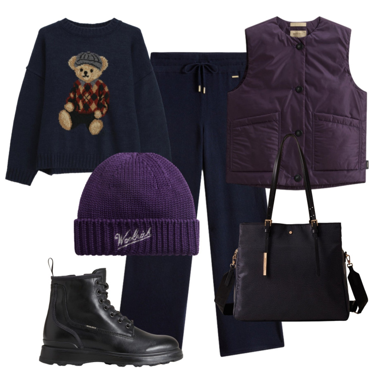 Outfit donna - Dettagli purple - @antonellal. Stile Sporty chic per Tutti i giorni. Abbinamento con shopping bag, maglieria, anfibi, pantaloni, berretti, gilet.