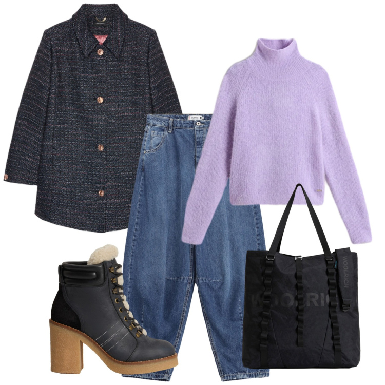 Outfit donna - Lilla. Stile Casual per Tutti i giorni. Abbinamento con jeans, maglieria, borse tote, stivaletti, cappotti.