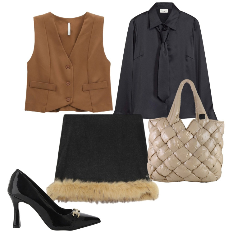 Outfit donna - Carattere deciso. Stile Chic per Serata fuori. Abbinamento con camicie, minigonne, gilet, décolleté, borse tote.