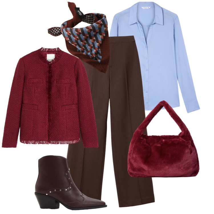 Outfit donna - Camicia e foulard in ufficio. Stile Glamour per Ufficio. Abbinamento con cappotti, stivaletti texani, camicie, pantaloni, foulard, borse a spalla.