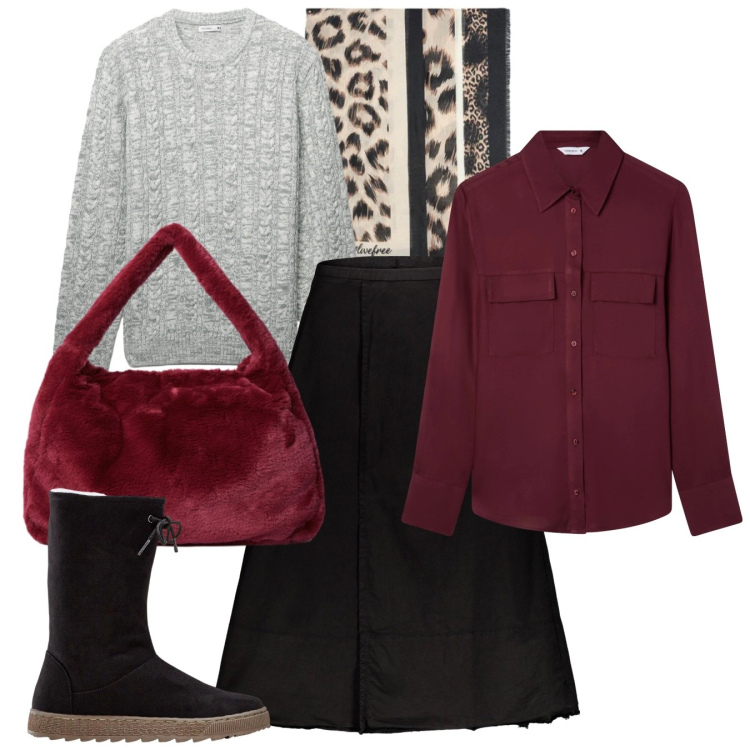 Outfit donna - Animalier touch. Stile Bon Ton per Tutti i giorni. Abbinamento con stivali, camicie, pullovers, gonne lunghe, borse a spalla, foulard.