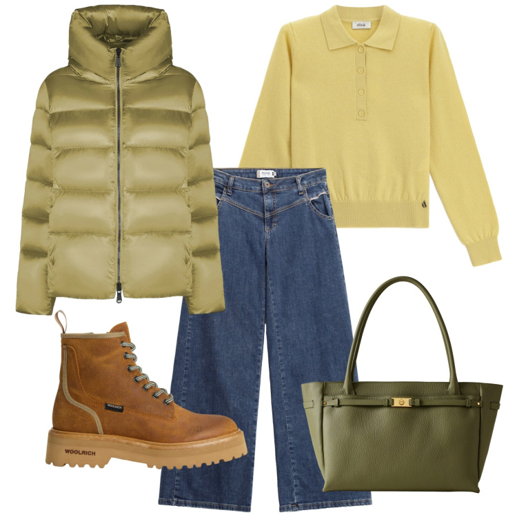 Outfit donna - Piumino chic. Stile Casual per Tutti i giorni. Abbinamento con jeans, shopping bag, pullovers, piumini, anfibi.