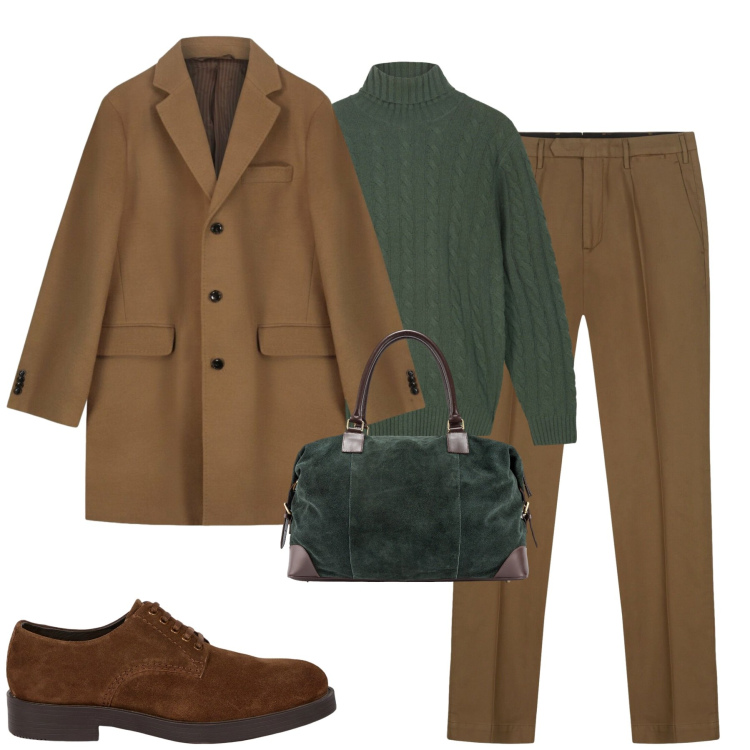 Outfit uomo - Novembre. Stile Urban per Tutti i giorni. Abbinamento con scarpe stringate, borse sportive, pantaloni, cappotti, maglieria.