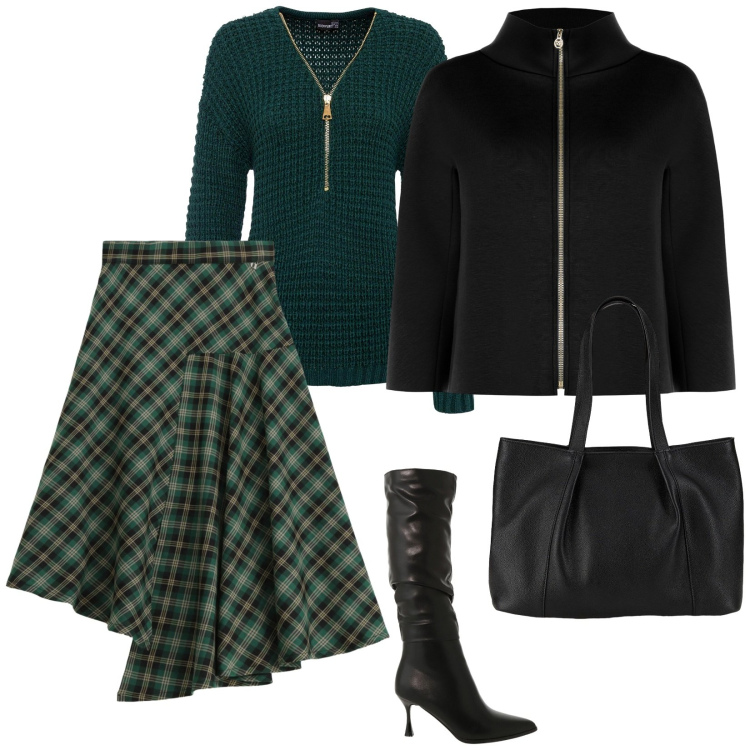 Outfit donna - In ufficio in tartan. per Ufficio. Abbinamento con maglieria, shopping bag, cappe, stivali sopra il ginocchio, gonne longuette.